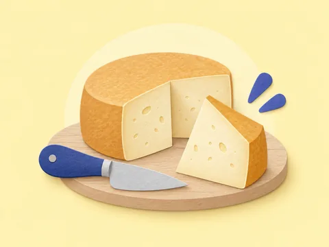 A golden cheese wheel and wedge on a board beside a blue-handled knife