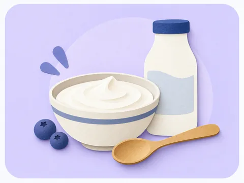A bowl of cultured dairy beside a milk bottle, berries and a wooden spoon