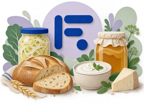 A blue Fermentationist F. surrounded by sourdough bread, cultured dairy, cheese and jars of fermented vegetables and tea