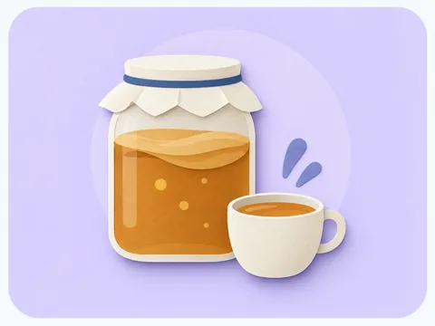 An amber jar of kombucha under a cloth cover beside a cup of tea