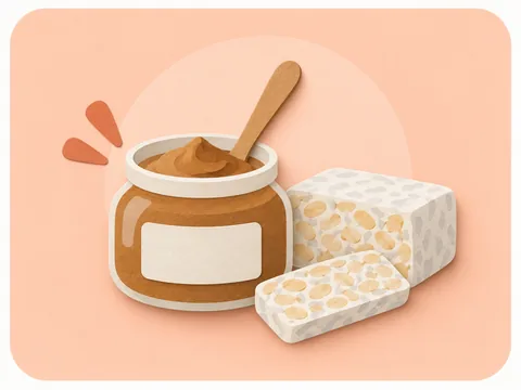 A crock of miso paste and slices of bean-textured tempeh