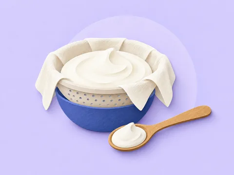Soft quark in a cloth-lined strainer above a bowl