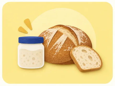 A scored loaf, a cut slice and a jar of sourdough starter