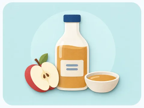 A glass vinegar bottle, a small bowl and two apple halves